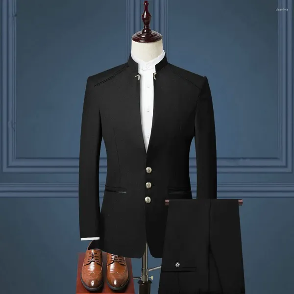 Erkekler Suit Jeltoin 2023 Tasarım Siyah Erkekler Düğün Altın Düğmeleri Stand Yakası İnce Fit Damat Smokin Erkek Elbise Adam Blazer