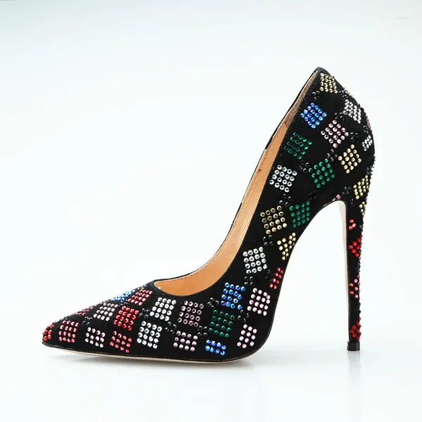 Sapatos de vestido 10 /12 cm super saltos altos luxo colorido strass preto deslizamento em stilettos festa de escritório baile de casamento mulher