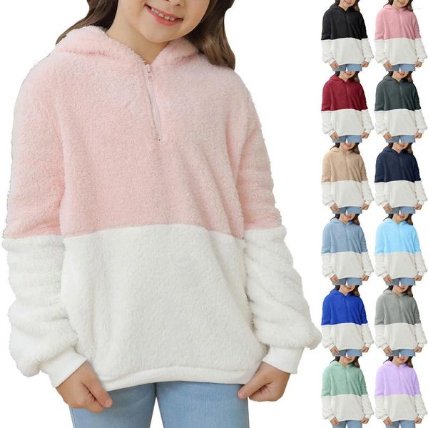 Jaquetas crianças casaco com capuz bolsos roupas outwear zíper inverno algodão crianças lã quente moletom meninas tops