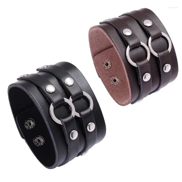 Link pulseiras moda punk rebite largo pulseira de couro duplo para homens mulheres manguito vintage rock jóias