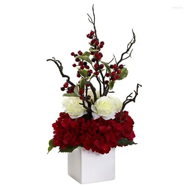 Flores decorativas elogios arranjo de flor artificial com vaso vermelho