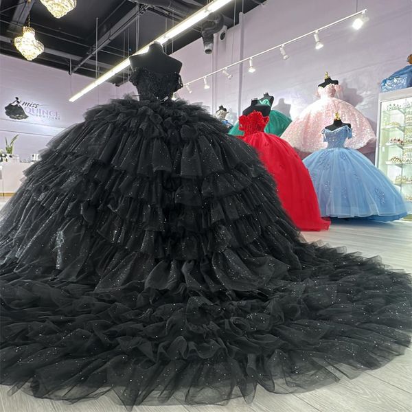 Черное блестящее бальное платье с открытыми плечами Платья Quinceanera Sweet 16 Принцесса с бусинами Тюль Многоярусные платья для выпускного вечера Vestido De 15 Anos