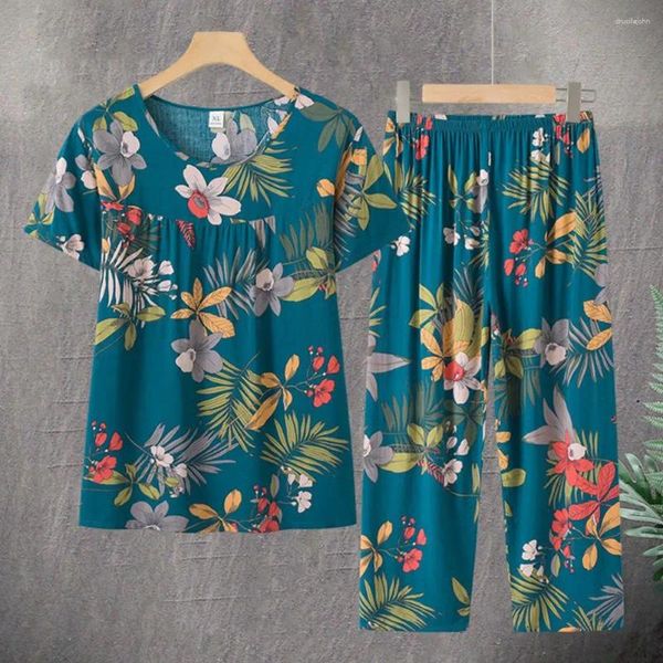 Женские брюки из двух предметов, шикарные широкие свободные брюки с глубоким промежутком и цветочным принтом, летние пижамы для мамы, бабушки, сна