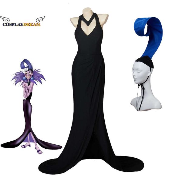 Kötü adam yzma cosplay kostümü seksi siyah zemin uzunluğu elbise mavi şapka elbise yetişkin kadın kızlar cadılar bayramı parti kostüm seti artı sizecosplay