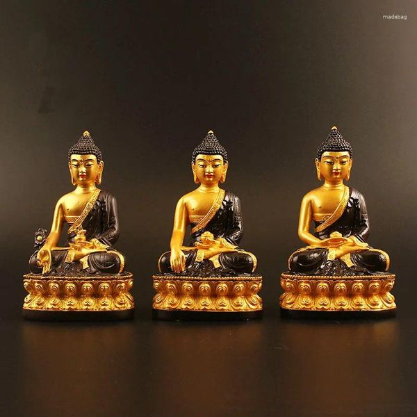 Statuette decorative 13 cm placcato oro tre preziose statue di Buddha in resina Sakyamuni/Amitabha/mascotte decorazione della casa