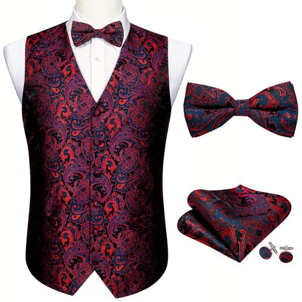 Модный красный шелковый жилет с цветочным принтом, жилет, мужской костюм, жилет, платок-бабочка, запонки, галстук-бабочка, жилет Barry.Wang Business