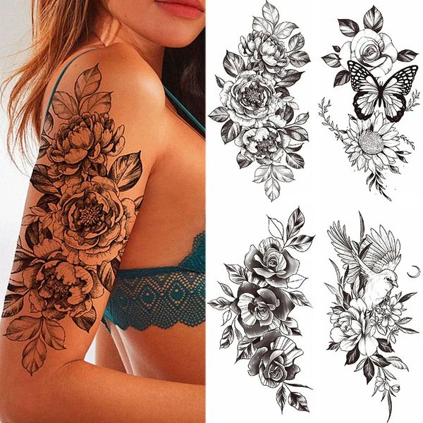 5PC tatuaggi temporanei grande rosa tatuaggio impermeabile fiore farfalla uccello pantaloni a vita bassa moda donna falso corpo braccio adesivo uomo tatoo arte gamba totem 231018