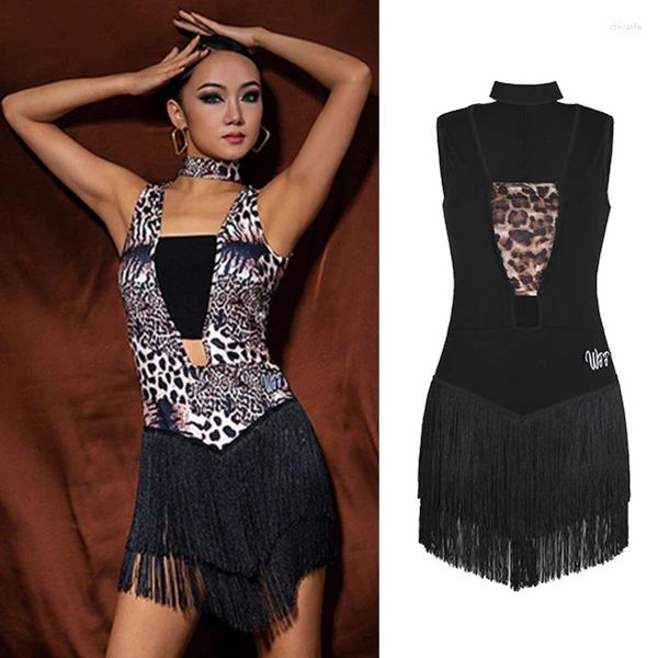 Bühnenkleidung 2023 Latin Dance Kleid Frauen Leopard Fransen Sommer Cha Rumba Kleidung Erwachsene Praxis Club DNV17923