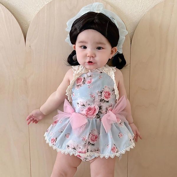 Pagliaccetti Summer Lolita Baby Pagliaccetto Abito Bambina senza maniche Stampa floreale Backless Bowknot Tuta Abiti da principessa striscianti