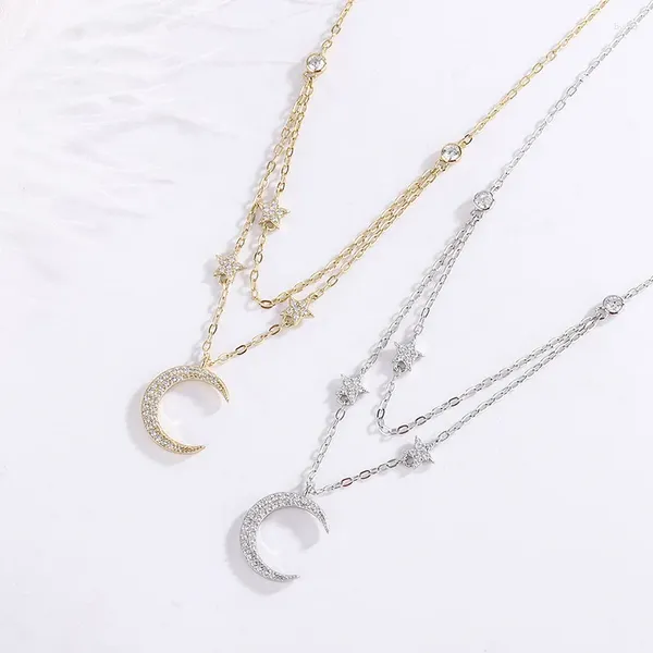 Подвески из стерлингового серебра 925 пробы, двухслойное ожерелье со звездой и луной, женское простое и универсальное ожерелье с бриллиантами, воротник-цепочка