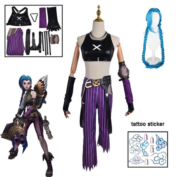 Anime jogo arcano cosplay traje crit loli jinx cosplay solto canhão roupa peruca sexy feminino terno halloween carnaval costumecosplay