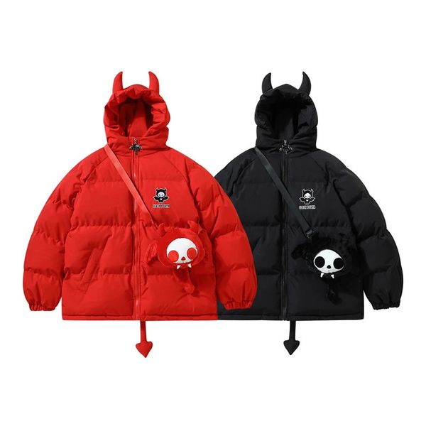 Herren Daunenparkas Hip Hop Streetwear Parka Little Devil Horn Jacken Männer Frauen Harajuku Retro Gepolsterte Jacke Mantel Unisex Y2K Kleidung Winter Outwear 231017