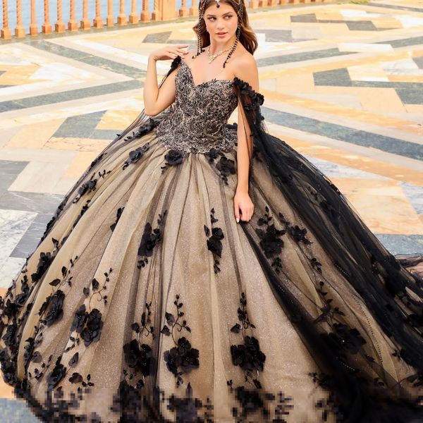 Abiti Quinceanera champagne con mantella staccabile con spalle scoperte e perline Abiti corsetto con fiori neri per il 15 ° anniversario