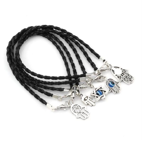 100 unidades misturadas kabbalah hamsa mão amuletos da sorte pulseiras de couro preto corda trançada 17 -21cm2241