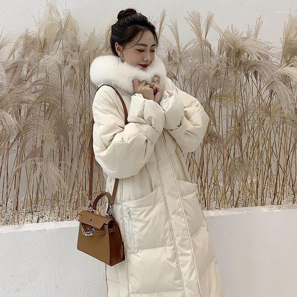 Damen Trenchcoats Baumwolle gefütterte Jacke Frauen Koreanische lose Kapuze Daunenfeder Winter langer gepolsterter Mantel großer Pelzkragen dicke Oberbekleidung