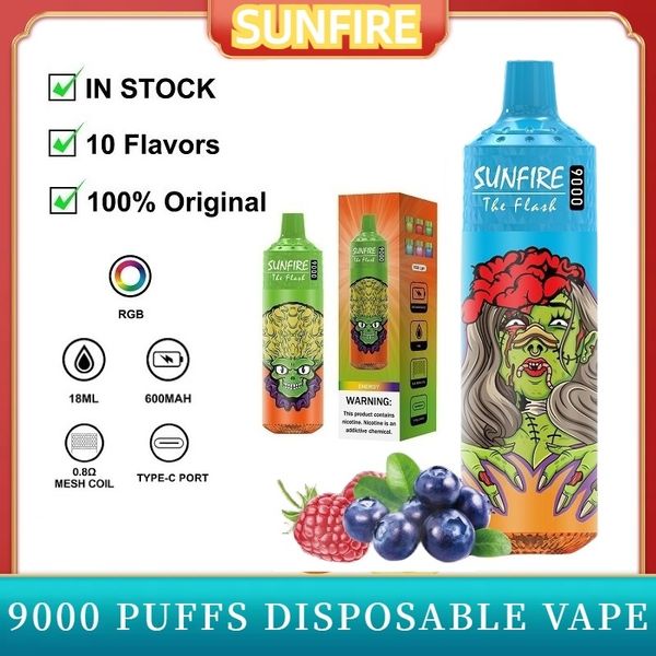 Sunfire 9000 Puffs Pofos de vape descartável Cigarros eletrônicos de 18 ml bobina de malha de malha 6 Cores brilhantes recarregáveis de 600mAh Bateria 9k 12k Puff Dispositivo Cherry Ice Sabor