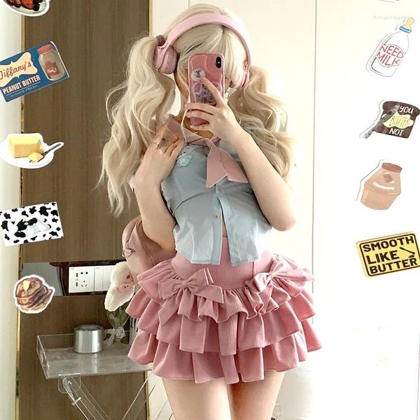 Arbeitskleider Kawaii Y2K Frauen 2 Stück Sets Süße Sexy Slim Sailor Kragen Shirts Rosa Mini Tutu Röcke Elegante Lolita Outfits 2023 Sommer