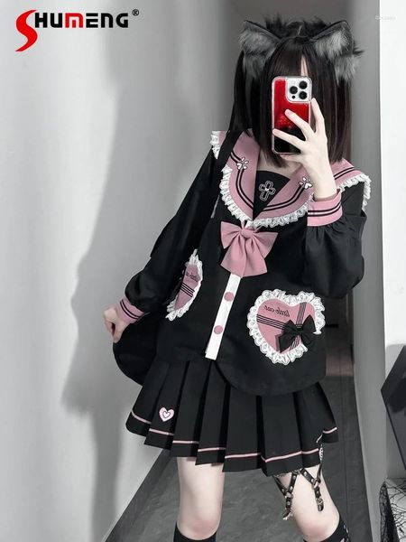 Vestidos de trabalho Original Preto Rosa JK Uniforme Terno 2023 Queda Bonito Marinheiro Collar Gravata Manga Longa Jaqueta e Saia Curta Dois Conjuntos de Peice