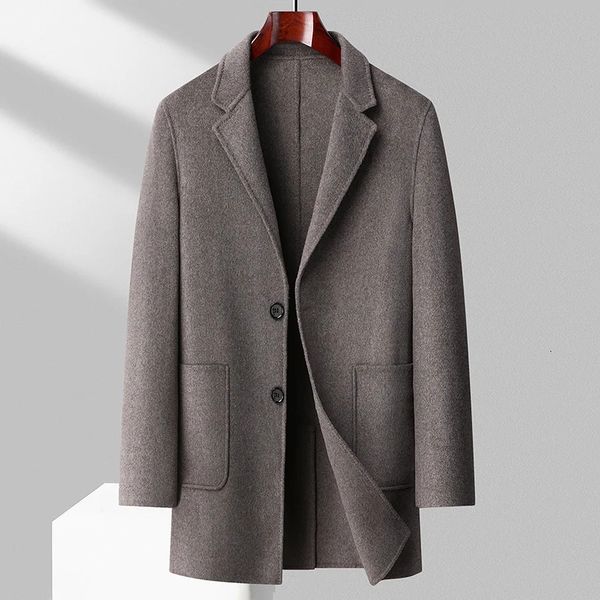 Wollmischungen für Herren, klassischer Schafmantel für Herren, Herbst und Winter, Schwarz, Grau, Khaki, Kamel, gekerbter Kragen, warmer, weicher Kaschmir-Mischmantel, Outfits 231018