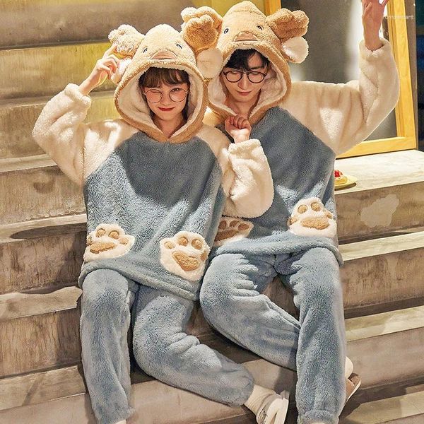 Mulheres sleepwear mulheres homens pijamas conjuntos de inverno engrossar pijamas quentes casais urso dos desenhos animados amantes coreanos homewear macio pijama com capuz