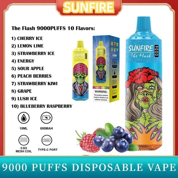 Atacado Sunfire Puff 9000 Vape descartável Deschável 600mAh Bateria recarregável 18 ml Vapes descartáveis 8k 9k 10k 12k Puff com RGB Vaper Peach Berries Sabor