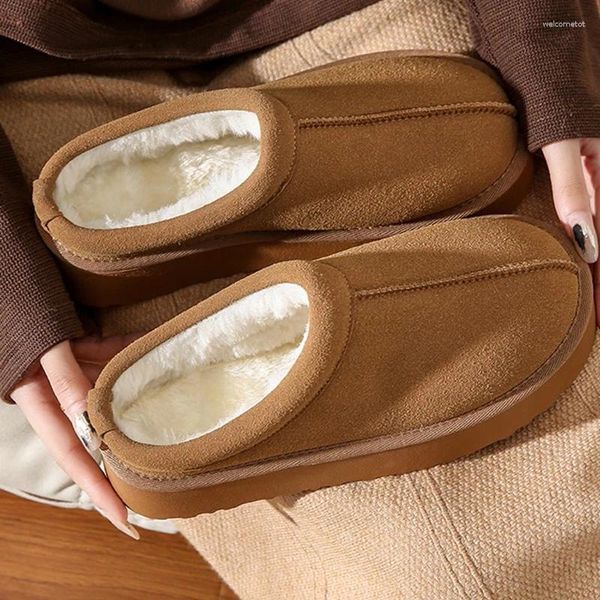 Chinelos femininos apartamentos curtos sapatos de pelúcia inverno quente casual plataforma algodão 2024 casa estilingue botas de caminhada macio flip flops