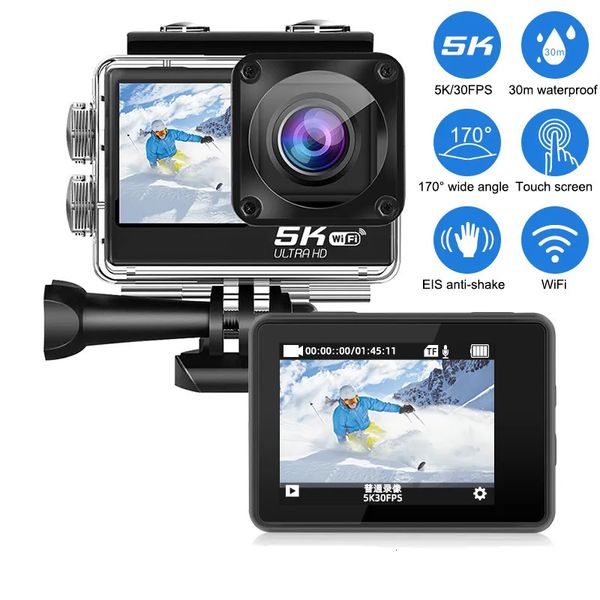 Videocamere per azioni sportive 5K Wifi AntiShake Action Camera 4K 60Fps Doppio schermo Grandangolo 30M Sport impermeabile con telecomando 231018