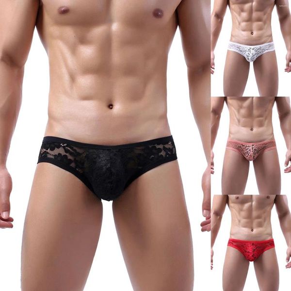 Mutande Intimo sexy in pizzo da uomo Slip trasparenti trasparenti a vita bassa Mutandine maschili traspiranti Tinta unita Lingerie confortevole