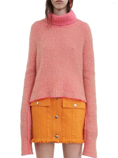 Maglioni da donna Autunno e inverno Maglione lavorato a maglia in misto mohair per le donne Doppi lati da donna che indossano maglieria dolcevita a contrasto di colore