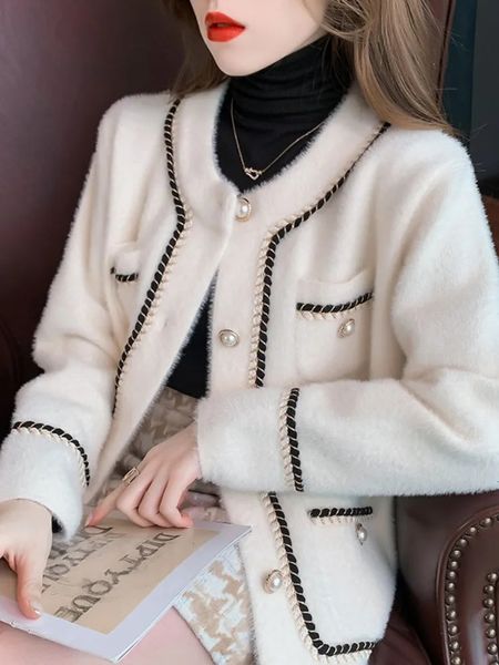 Kadın Ceketleri Sonbahar Kış Kadın Ceketi Küçük Koku Kazak 2023 İmitasyon Mink Poleece O-Neck Örgü Haligan Üstleri Kadın Giyim Ceket 231018