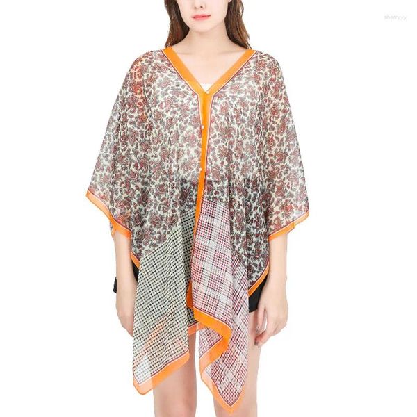 Foulards Mode Fleur Imprimer Mousseline De Soie Plage Bikini Crème Solaire Châle Femmes Cardigan Soleil Vêtements D'été Parasol Cape Soie Écharpe V103