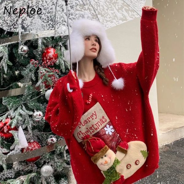 Abito maglione natalizio femminile Maglione brutto Piccole collane rotonde Versione allentata dei calzini natalizi Modello Babbo Natale Stile moda casual Colore rosso kaki