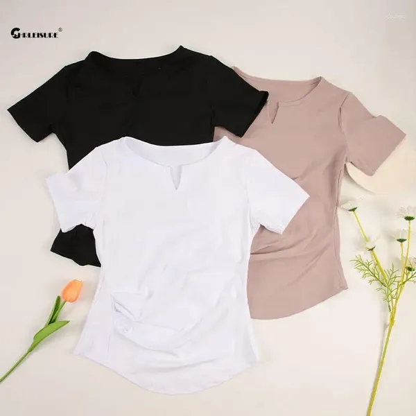 Active Shirts CHRLEISURE V-Ausschnitt Sport Kurzarm T-Shirt Damen Slim Yoga Shirt Eng anliegendes elastisches Fitness Top Athletic Tee