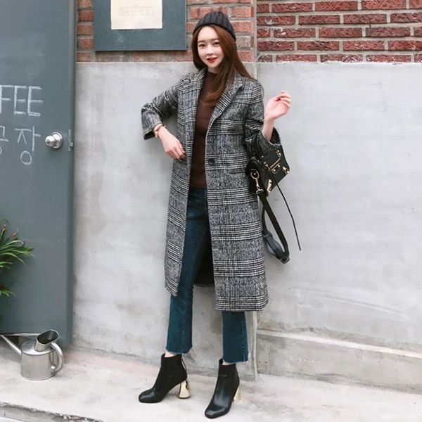 Frauen Wolle Mischungen Frühling Herbst Plaid Mantel Mode Lange Woolen Schlanke Art Weibliche Winter Jacken Outwear 231017