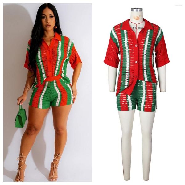 Mulheres Tracksuits Lounge Wear Listrado Dois Peça Set Color Block Patchwork Knit Rib Outfits Mulheres Buraco Botão Camisa Top Shorts Slim Matching