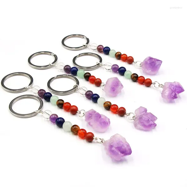 Schlüsselanhänger Naturstein Amethyste Kristall Quarz Schlüsselanhänger 7 Chakra Perlenanhänger Schlüsselanhänger Schlüsselanhänger Tasche Zubehör Schmuck