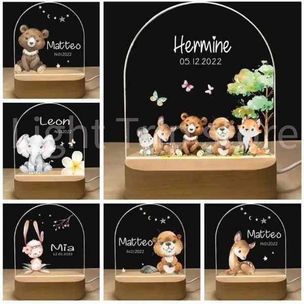 Novità Articoli personalizzati Luce notturna per nascita del bambino Nome personalizzato Animale Elefante Leone con base in legno USB Lampada per tavolo da camera Arcobaleno Decor 231017