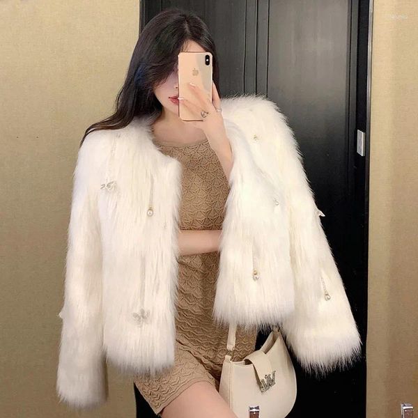 Pele feminina doce menina imitação de borboleta elegante casaco curto o-pescoço pérola pingente jaqueta falsa moda feminina roupas