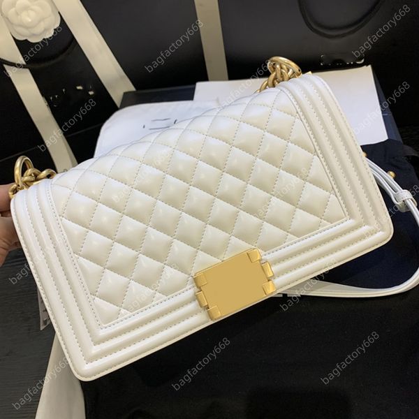 Designer de alta qualidade BOY clássico flap bag sela saco de pele de carneiro diamante treliça bolsa de ombro 25cm senhora crossbody saco de corrente com caixa C269 Zipper Hasp Fashion White