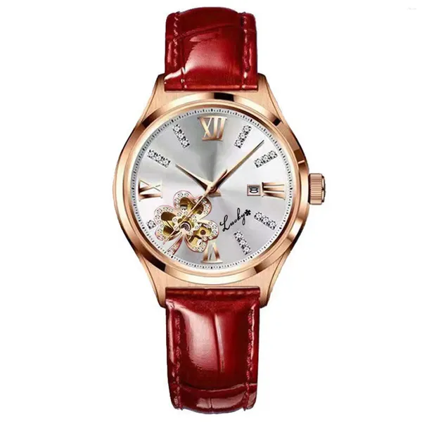 Armbanduhren Damen-Premium-Kristalluhr, großes rundes Zifferblatt, Lederarmband, Quarz-Handgelenk für Freundin, Geburtstagsgeschenk