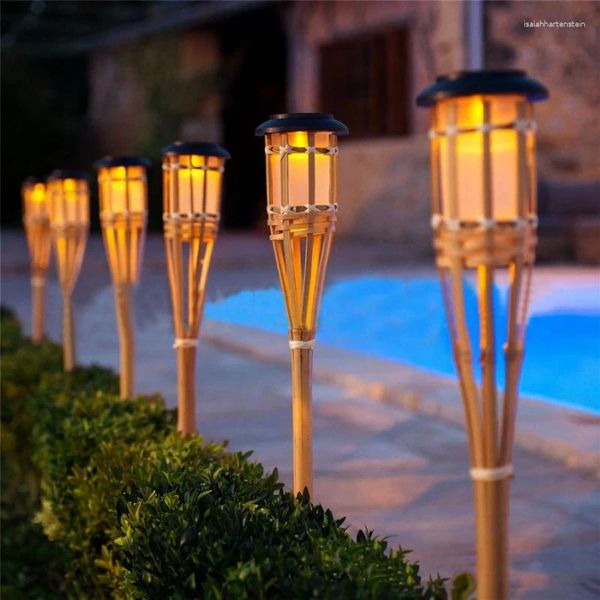 Lampadine a fiamma simulata solare in bambù Lampada da giardino a luce solare LED Automatica impermeabile per il percorso della casa all'aperto