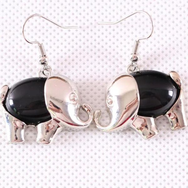Brincos pendurados joias presente para mulheres natural preto ônix oval cab cabochão 16x28mm brinco de elefante animal 1 par u106
