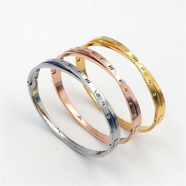 Bangle moda aço inoxidável melhor redondo cristal numerais romanos cruz pulseira rosa cor de ouro mulher festa gift1257h