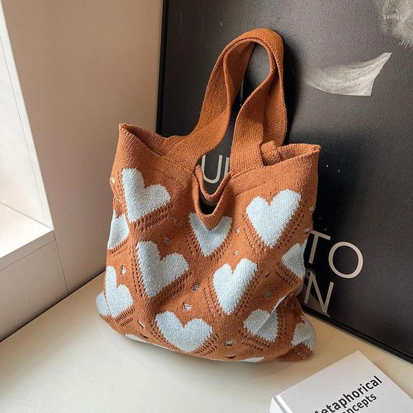 Borsa da donna sotto le ascelle lavorata a maglia con amore carino, colore a contrasto, moda, spalla da donna, borsa versatile per studenti di grande capacità