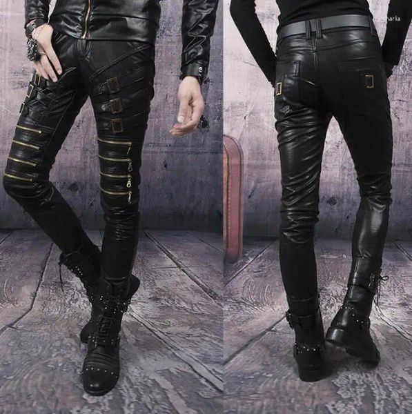 Calças masculinas punk personalidade moda motocicleta falso couro pés pu calças apertadas para homens pantalon homme preto zíper