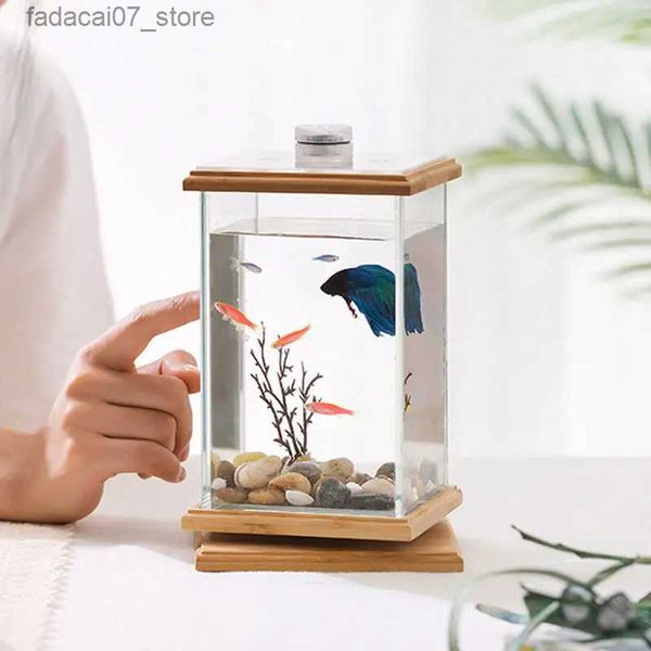 Aquários Mini Aquário Criativo Micro-view Rotating Fish Tank Escritório Desktop Vidro Temperado Garrafa Ecológica Peixes Tigela Decoração Presente YQ231018