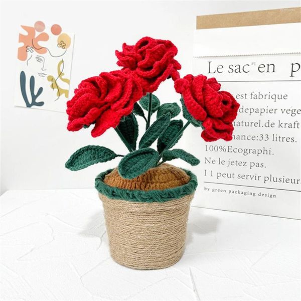 Flores decorativas 2023 vermelho artificial rosa flor simulação vaso planta criativa mão-tecido produto acabado casa quarto decoração agradável