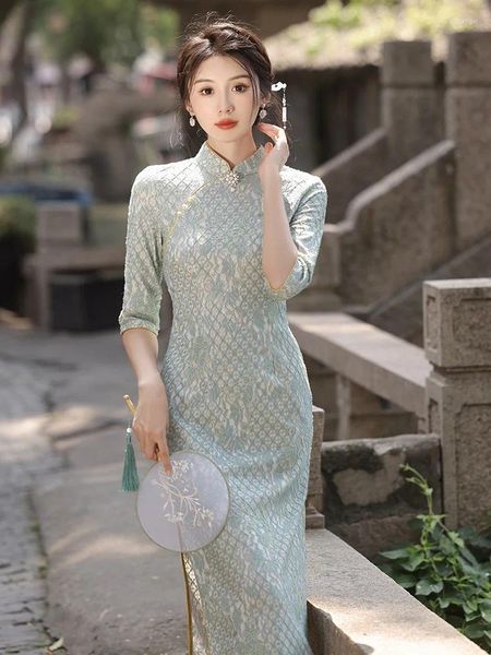 Ethnische Kleidung Sexy Stickerei Chiffon Tägliches Qipao-Kleid Mandarinkragen Sieben Punkte Ärmel Spitze Chinesischer Cheongsam