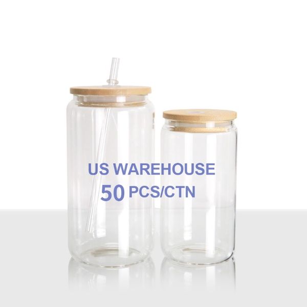 USA/CA-Lager 16oz gefrostetes, klares Bierdosenglas mit Sublimationsbierdose, Bambusdeckel und Plastikstrohhalmen
