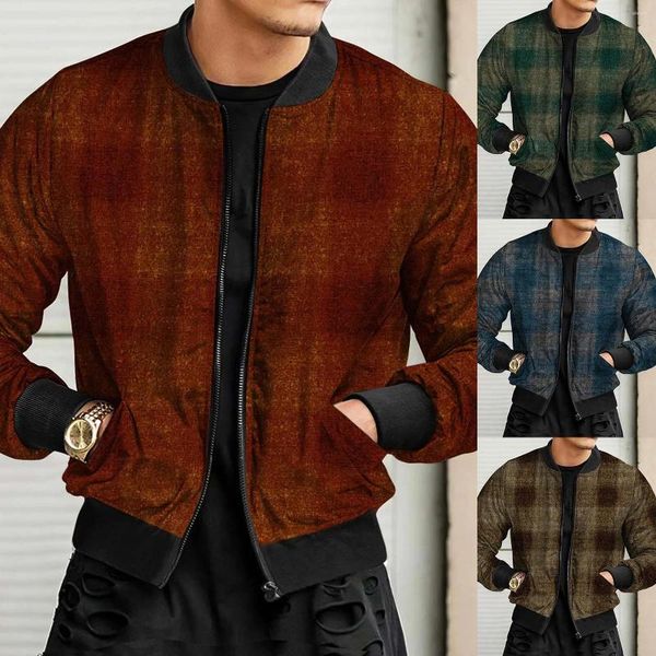 Jaquetas masculinas roupas inverno até zip outono rua tecido xadrez mens costura esportes stcollar jaqueta stockade zíper